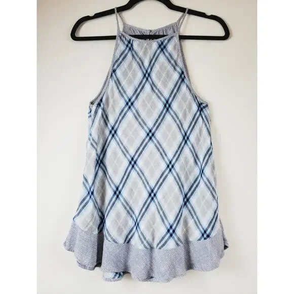 Cloth Womens & Stone Small Top‎ Sleeveless Tank Blue Plaid Halter Ruffles Tencel - Picture 2 of 11